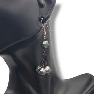 Faux Black Freshwater Pearl Dangle Drop Hook Earrings Oil Slick Iridescent